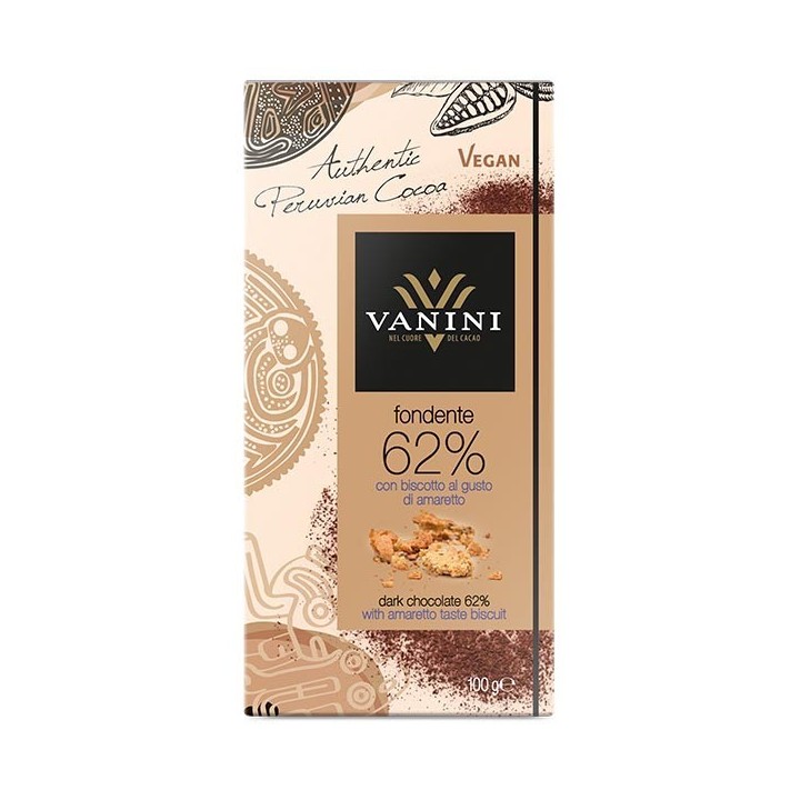 Fondente 62% con biscotto al gusto di amaretto 100 g Vanini - 1